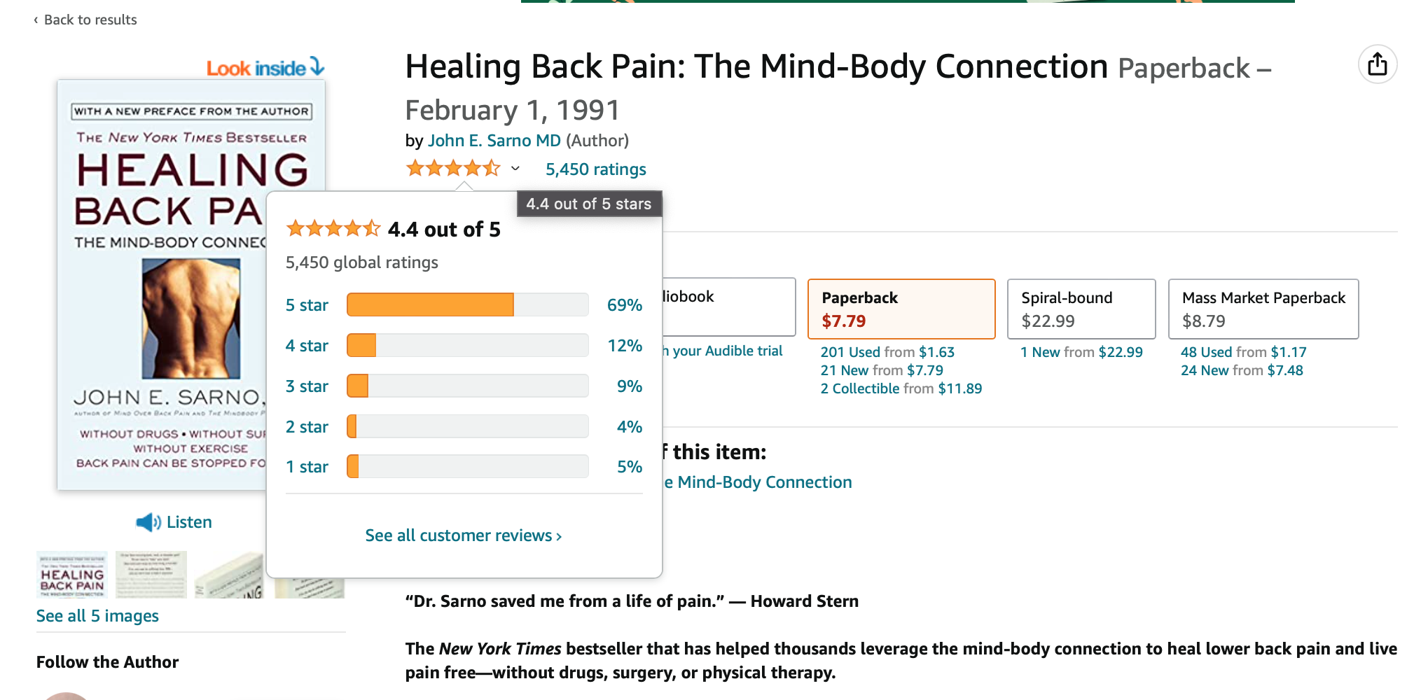 69 % of the 5450 reviews are 5 star and less than 20 percent are 1 or 2 star reviews. The average is 4.4 stars. 30 plus years after it's release the book is still #2 in back pain on Amazon